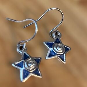 * blue & silver tone  star dangle earrings with .5” long